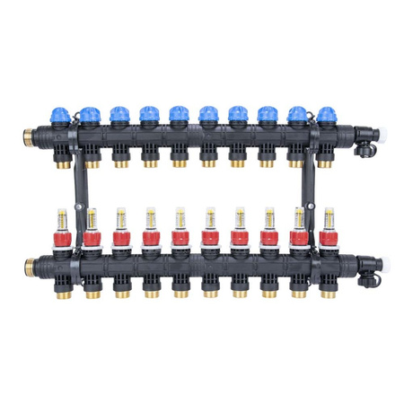 Rozdzielacz do ogrzewania podłogowego AFRISO ProCalida EF1 K 10-obieg. poliamid GZ 1" x Eurocono 3/4" + przepływomierz + zawór napełn/spust