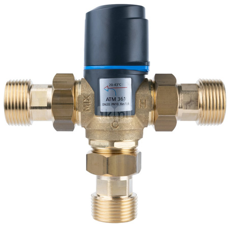 Zawór regulacyjny termostatyczny do wody ciepłej AFRISO ATM 361 ze śrubunkami mosiądz GZ 1'', DN 20, zakres temp. 20...43'C, Kvs 1.6m3/h, max. 90'C, max. 10bar