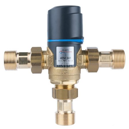 Zawór regulacyjny termostatyczny do wody ciepłej AFRISO ATM 341 ze śrubunkami mosiądz GZ 3/4'', DN 15, zakres temp. 20...43'C, Kvs 1.6m3/h, max. 90'C, max. 10bar