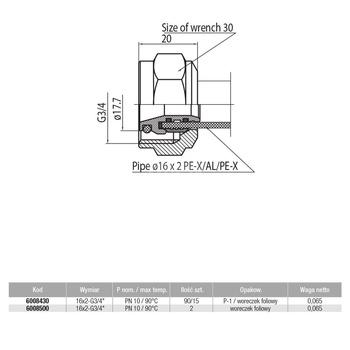 Złącze VALVEX Pex-Al 16×2-G3/4, mosiądz (niklowany), 3/4'' x 16 mm (GW x zz)