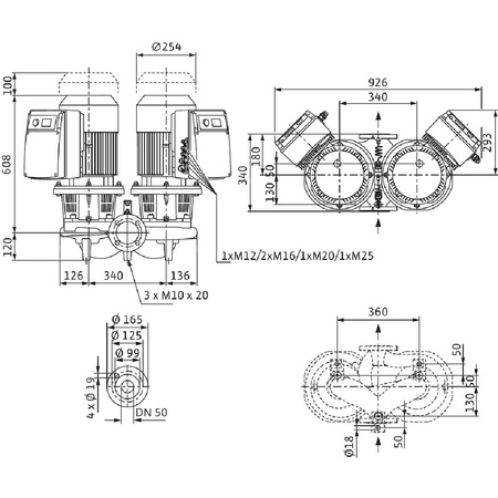 Pompa obiegowa WILO CronoTwin-DL-E 50/160-5,5/2-R1-S1 typu in-line z silnikiem znormalizowanym 50/60 Hz, moc silnika 5.5kW 10.6 A 2900 obr/min, wlot Kołnierz DN 50