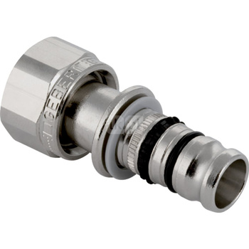 Półśrubunek GEBERIT Mepla przejściowy do zaworów, mosiądz nikiel (niklowanie) / mosiądz (niklowanie), 1/2'' x 20 mm (końcówka wciskowa x eurokonus), (głębokość: 11 mm) z uszczelką