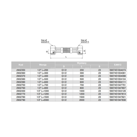 Wąż przyłączeniowy elastyczny VALVEX Viper Plus z oplotem (stal nierdzewna), GW x GW, 1/2'' x 1/2'', długość 800 mm