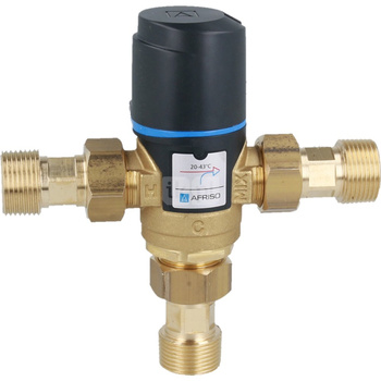 Zawór regulacyjny termostatyczny do wody ciepłej AFRISO ATM 341 ze śrubunkami mosiądz GZ 3/4'', DN 15, zakres temp. 20...43'C, Kvs 1.6m3/h, max. 90'C, max. 10bar
