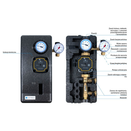 Grupa pompowa AFRISO PrimoSol 130-1 GZ 1'' x 1'', z izolacją, z pompą obiegową Grundfos UPM 3 Solar 25-75/130 mm