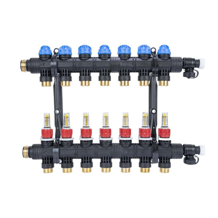 Rozdzielacz do ogrzewania podłogowego AFRISO ProCalida EF1 K 7-obieg. poliamid GZ 1" x Eurocono 3/4" + przepływomierz + zawór napełn/spust