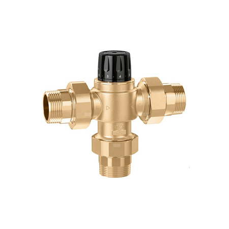 Regulowany termostatyczny zawór mieszający do systemów scentralizowanych. Korpus wykonany ze stopu cynku 3/4'' 35÷65'C