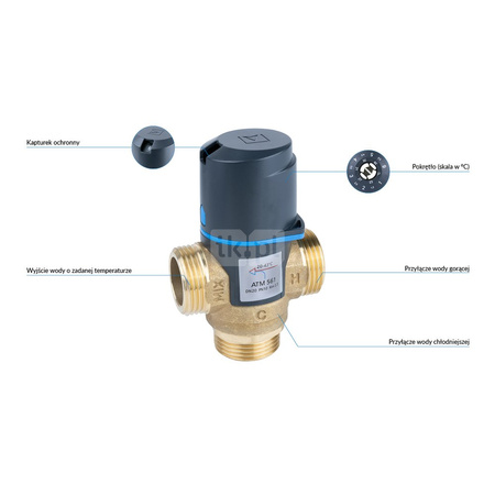 Zawór regulacyjny termostatyczny do wody ciepłej AFRISO ATM 561 mosiądz GZ 1'', DN 20, zakres temp. 20...43'C, Kvs 2.5m3/h, max. 90'C, max. 10bar