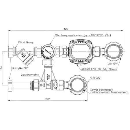 Grupa pompowa AFRISO BPS 996 AP nakrętka x GW 1'' x 3/4'', z zaworem mieszającym, z pompą obiegową AFRISO APH 160 15-7/130 mm