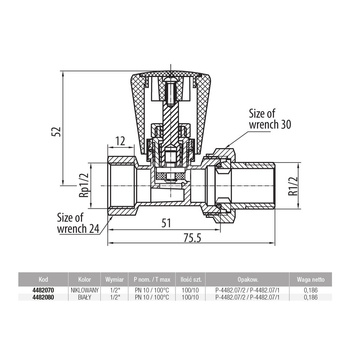 Zawór grzejnikowy VALVEX Activ Plus prosty, połączenie 1/2'' x 1/2'' biały