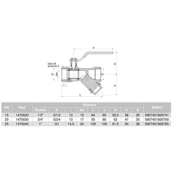 Zawór kulowy VALVEX Opti mosiądz, PN25 1/2'' GW z ﬁltrem skośnym, uchwyt: dźwignia