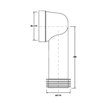 Przyłącze kanalizacyjne, długie L-275mm,wejście 90-110mm,wyjście 110mm, kąt 90
