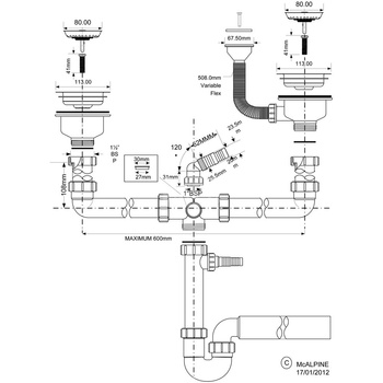 Syfon zlewozmywakowy rurowy podwójny 3,5"X50mm z podłączeniem pralki lub zmywarki, przelew