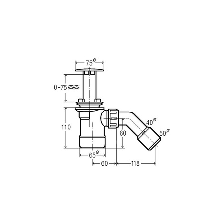 Duoplex-odpływ nr wzoru 6934 fi: 75 poziom wody: 90 DN: 40/50 do brodzików z otworem odpływowym fi 52