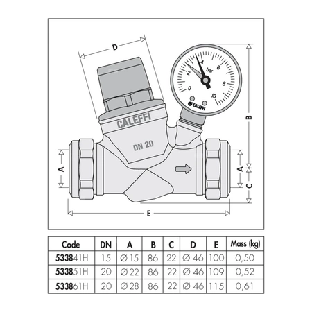 Regulator ciśnienia CALEFFI 5338H, złącze zaciskowe 15, 16 bar z manometrem, wersja skośna