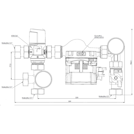 Grupa pompowa AFRISO BTU 501 nakrętka x nakrętka 1'' x 1'', z zaworem mieszającym, z pompą obiegową Grundfos UPM3 Auto