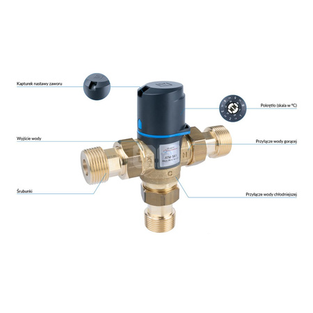 Zawór regulacyjny termostatyczny do wody ciepłej AFRISO ATM 561 ze śrubunkami mosiądz GZ 1'', DN 20, zakres temp. 20...43'C, Kvs 2.5m3/h, max. 90'C, max. 10bar