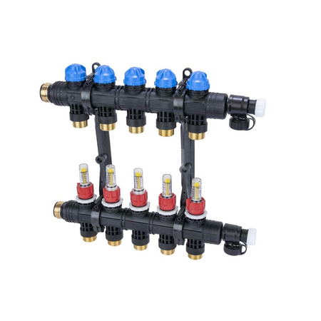 Rozdzielacz do ogrzewania podłogowego AFRISO ProCalida EF1 K 5-obieg. poliamid GZ 1" x Eurocono 3/4" + przepływomierz + zawór napełn/spust