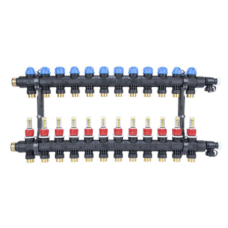 Rozdzielacz do ogrzewania podłogowego AFRISO ProCalida EF1 K 12-obieg. poliamid GZ 1" x Eurocono 3/4" + przepływomierz + zawór napełn/spust