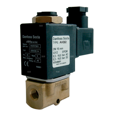 Typ AKB2 - zawór elektromagnetyczny bezpośredniego działania wraz z cewką, normalnie zamknięty, zasilanie: 24V DC, uszczelki i membrana: FKM, Pnom 3,5 MPa, tmax=100 st.C. 1/2''