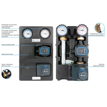 Grupa pompowa AFRISO PrimoTherm K 180-2 DN 25 AP 3-WM-SM GZ x GW 1 1/2'' x 1'', z zaworem mieszającym, z izolacją, z pompą obiegową AFRISO APH 361 25-7/180 mm, z siłownikiem arm 343 proclick