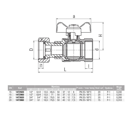 Zawór kulowy VALVEX Spin mosiądz niklowany, PN25 3/4'' x 1'' GW, uchwyt: motylek