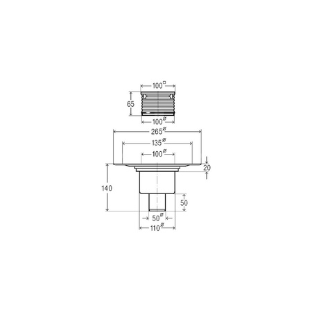 Wpust VIEGA 4926 z 1 przyłączem DN 50, odpływ poziomy, kratka 100x100mm stal