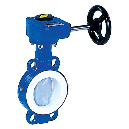 Przepustnica bezkołnierzowa LYCENE z przekładnią ślimakową, dysk: powlekany PFA, wykładzina: PTFE, korpus: GGG40 epoksyd., Pnom 1,0 MPa, tmax=200 st.C DN50