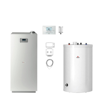 Pakiet - Kocioł gazowy jednofunkcyjny SAUNIER DUVAL Niedźwiedź Condens KKS35 kondensacyjny stojący 11.3-37.5kW + Czujnik temperatury zewnętrznej + Czujnik c.w.u. NTC + Drugie przyłącze powrotu + Zasobnik c.w.u FE 150/6 BM