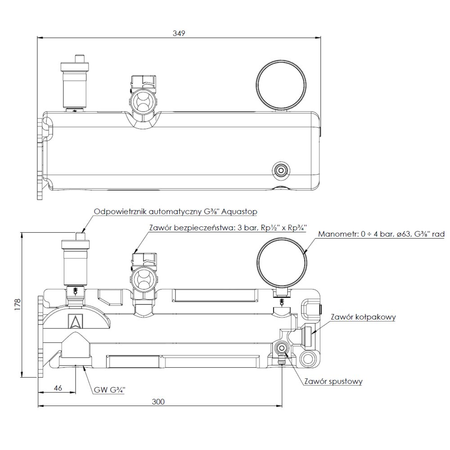 Zespół przyłączeniowy AFRISO GAK 3/4'' GW x GW, max. 3 bar + wskaźnik ciśnienia