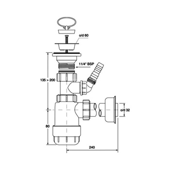 Syfon umywalkowy butelkowy "niski" 11/4"x32mm z podłączeniem pralki lub zmywarki