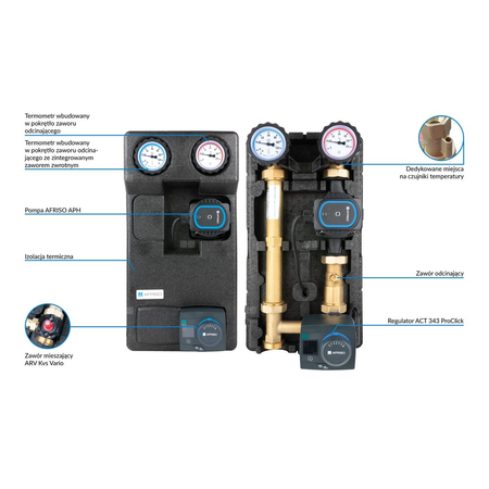 Grupa pompowa AFRISO PrimoTherm 180-2 AP DN 25 3-WM-R Vario GZ x GW 1 1/2'' x 1'', z zaworem mieszającym, z izolacją, z pompą obiegową AFRISO APH 361 25-7/180 mm