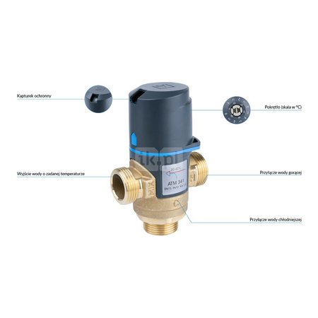 Zawór regulacyjny termostatyczny do wody ciepłej AFRISO ATM 341 mosiądz GZ 3/4'', DN 15, zakres temp. 20...43'C, Kvs 1.6m3/h, max. 90'C, max. 10bar