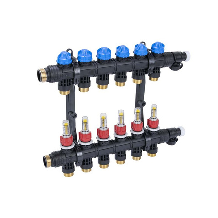 Rozdzielacz do ogrzewania podłogowego AFRISO ProCalida EF1 K 6-obieg. poliamid GZ 1" x Eurocono 3/4" + przepływomierz + zawór napełn/spust