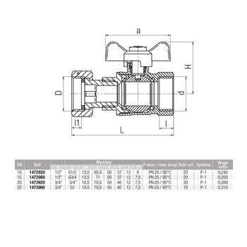 Zawór kulowy VALVEX Spin mosiądz niklowany, PN25 3/4'' x 1'' GW, uchwyt: motylek