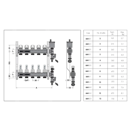 Zespół rozdzielaczy. 1" x 11 wyjść 3/4" GZ
