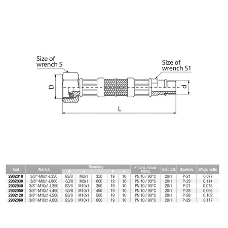 Wąż przyłączeniowy elastyczny VALVEX Viper Plus z oplotem (stal nierdzewna), GW x GZ, 3/8'' x M8x1, długość 600 mm