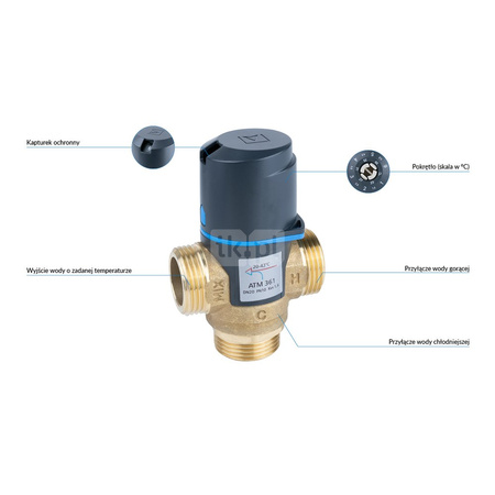 Zawór regulacyjny termostatyczny do wody ciepłej AFRISO ATM 361 mosiądz GZ 1", DN 20, zakres temp. 20...43'C, Kvs 1.6m3/h, max. 90'C, max. 10bar