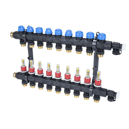 Rozdzielacz do ogrzewania podłogowego AFRISO ProCalida EF1 K 9-obieg. poliamid GZ 1" x Eurocono 3/4" + przepływomierz + zawór napełn/spust