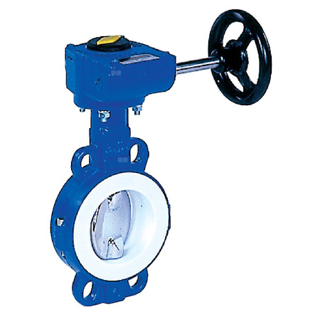 Przepustnica bezkołnierzowa LYCENE z przekładnią ślimakową, dysk: AISI316L, wykładzina: PTFE, korpus: GGG40 epoksyd., Pnom 1,0 MPa, tmax=200 st.C DN 100