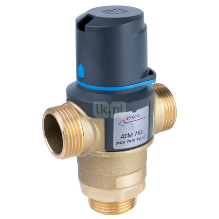 Zawór regulacyjny termostatyczny do wody ciepłej AFRISO ATM 763 mosiądz GZ 1'', DN 20, zakres temp. 35...60'C, Kvs 3.2m3/h, max. 110'C, max. 10bar
