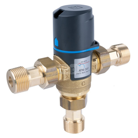 Zawór regulacyjny termostatyczny do wody ciepłej AFRISO ATM 341 ze śrubunkami mosiądz GZ 3/4'', DN 15, zakres temp. 20...43'C, Kvs 1.6m3/h, max. 90'C, max. 10bar