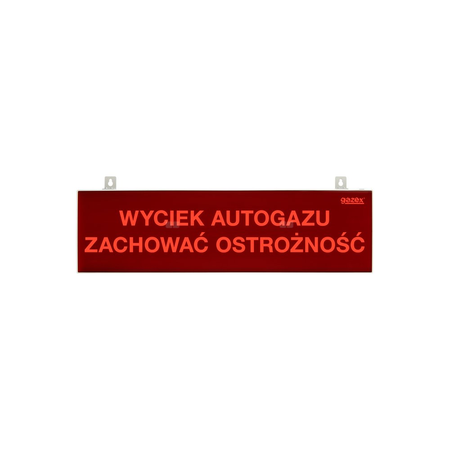 tablica ostrzegawcza dwustronna "WYCIEK AUTOGAZU ZACHOWAĆ OSTROŻNOŚĆ", podświetlenie czerwone LED, wbudowana cicha syrenka, zasilanie 230V