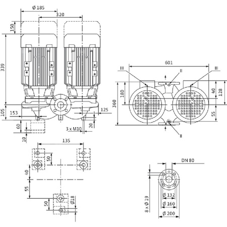 Pompa obiegowa WILO VeroTwin-DPL 80/125-0,75/4-IE3 typu in-line z silnikiem znormalizowanym 50 Hz, moc silnika 0.75kW 1.57 A 1450 obr/min, wlot Kołnierz DN 80