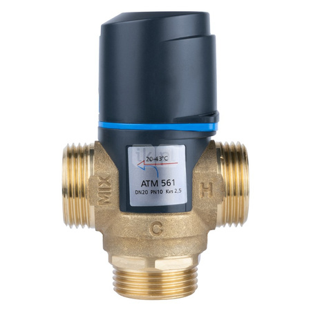Zawór regulacyjny termostatyczny do wody ciepłej AFRISO ATM 561 ze śrubunkami mosiądz GZ 1'', DN 20, zakres temp. 20...43'C, Kvs 2.5m3/h, max. 90'C, max. 10bar