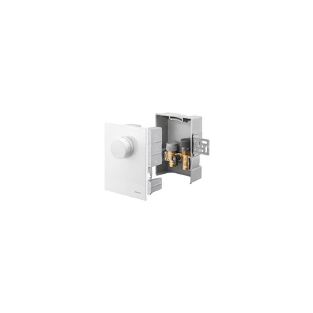 Unibox TQ-RTL, regulator temperatury pomieszczenia i ogranicznik temperatury powrotu, z termostatem Uni FHU i zaworem Q-tech, z maskownicą z tworzywa, białą, ze zintegrowanym pokrętłem
