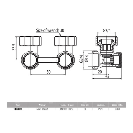 Moduł przyłączeniowy kątowy VALVEX FUSION 3 mosiądz (niklowany) 3/4'' x 3/4'', rozstaw 50 mm do grzejników