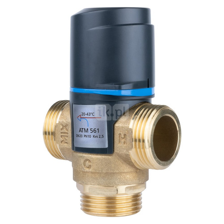 Zawór regulacyjny termostatyczny do wody ciepłej AFRISO ATM 561 ze śrubunkami mosiądz GZ 1'', DN 20, zakres temp. 20...43'C, Kvs 2.5m3/h, max. 90'C, max. 10bar