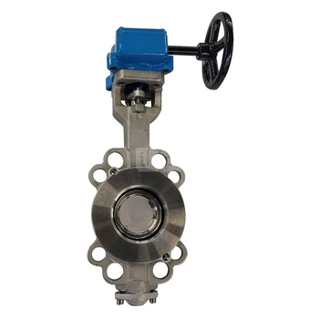 Przepustnica bezkołnierzowa EMARIS z przekładnią ślimakową, dysk: AISI316, wykładzina: PTFE +15% Grafit, korpus: AISI316, Pnom 4,0 MPa, tmax=260 st.C DN 80