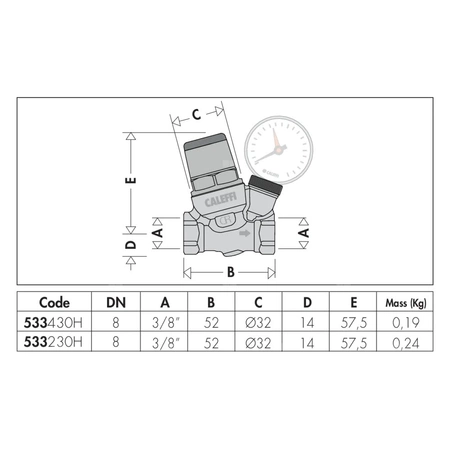 Regulator ciśnienia CALEFFI 533H, GW 3/8'', 16 bar, wersja skośna